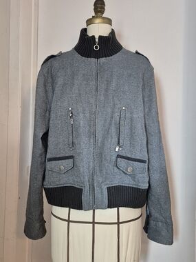 Vintage mac & jac Grey Bomber Jacket with Black Ribbed Collar